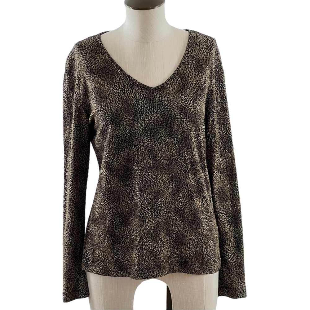 Chico's Stretch Blouse Gold Black V Neck Slimming Print Sz 1 (M)